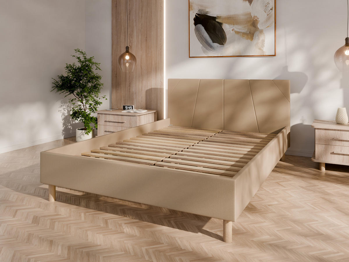 POLSTERBETT ALMORE 140x200cm Elegantes Polsterbett für modernen Wohnstil , 7-Zonen-Taschenfederkernmatratze mit kokos ARLAN (21 cm), Creme - Creme, Holz (140/200cm) - Panda Möbel