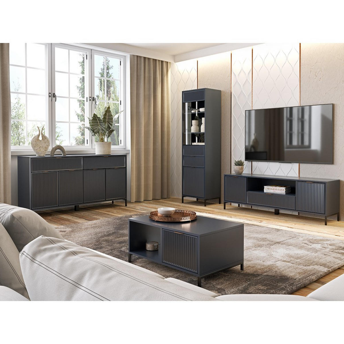 VITRINE Linna mit Schublade 105 cm dunkelblau - Schwarz/Dunkelblau, Holzwerkstoff/Metall (105/150/41cm) - Beautysofa