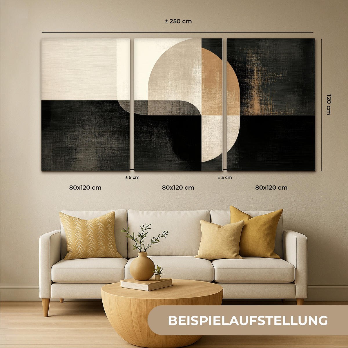 LEINWANDBILD 3er Set Formen - Abstrakt - Gold 240x120 cm - Schwarz, Textil (240/120cm) - MuchoWow