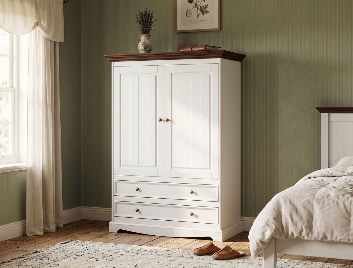 WÄSCHESCHRANK Belluno Elegante Kiefer weiß (RAL9010) lackiert / Kiefer gebeizt, Nussbaumfarben 108 / 45 / 147cm - Nussbaumfarben/Weiß, Holz/Metall (108/147/45cm) - Feldmann-Wohnen