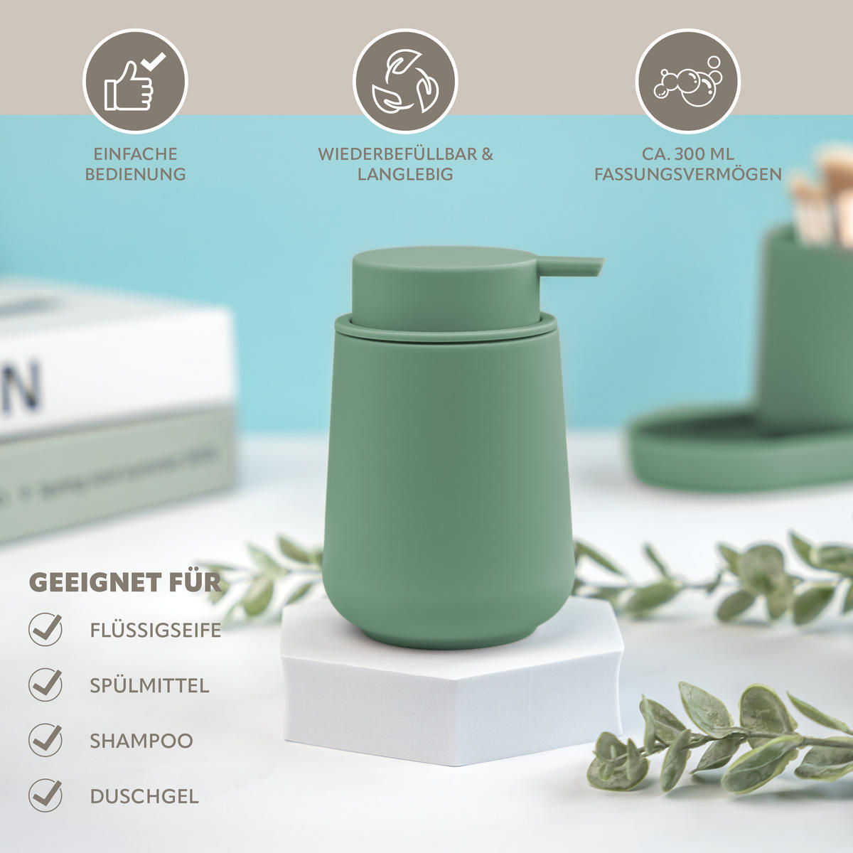 BAD-ACCESSOIRES-SET TESERO 3tlg., Soft-Touch, grün - Grün, Kunststoff (8.5/12/9cm) - eluno