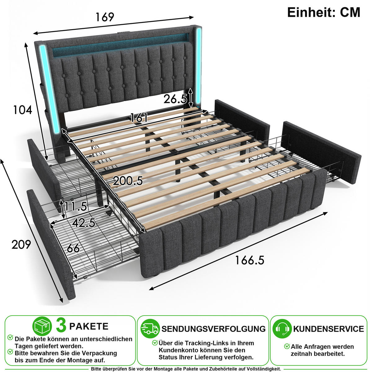 POLSTERBETT 160/200 cm in Grau Leinen mit 4 Schubladen, LED, USB und Matratze - Grau, Holzwerkstoff/Textil (160/200cm) - CHICFURN