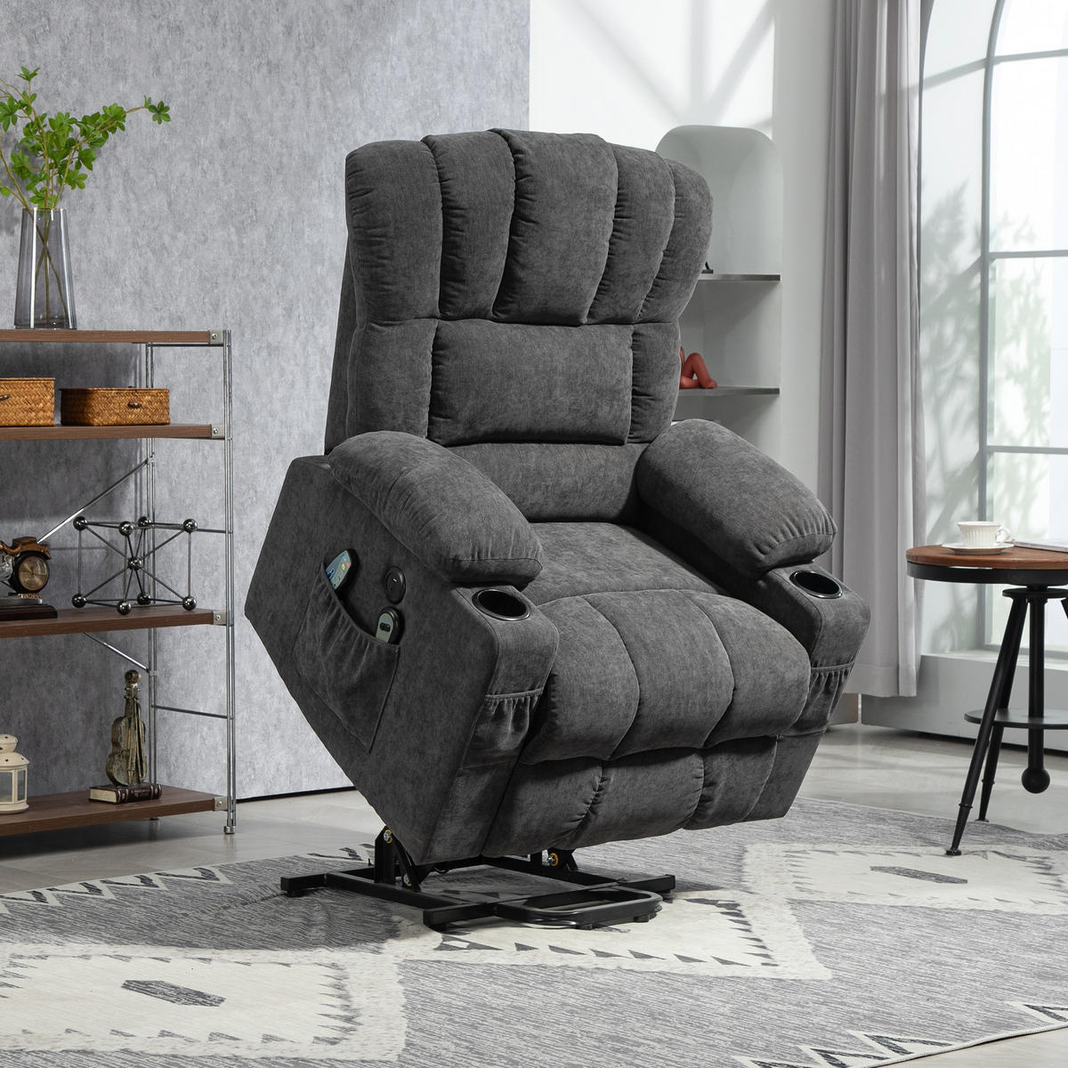 FERNSEHSESSEL mit Aufstehhilfe Relaxsessel mit Liege-, Heiz- und Massagefunktion - Dunkelgrau/Schwarz, Textil/Metall (91/110/93cm) - HOMCOM