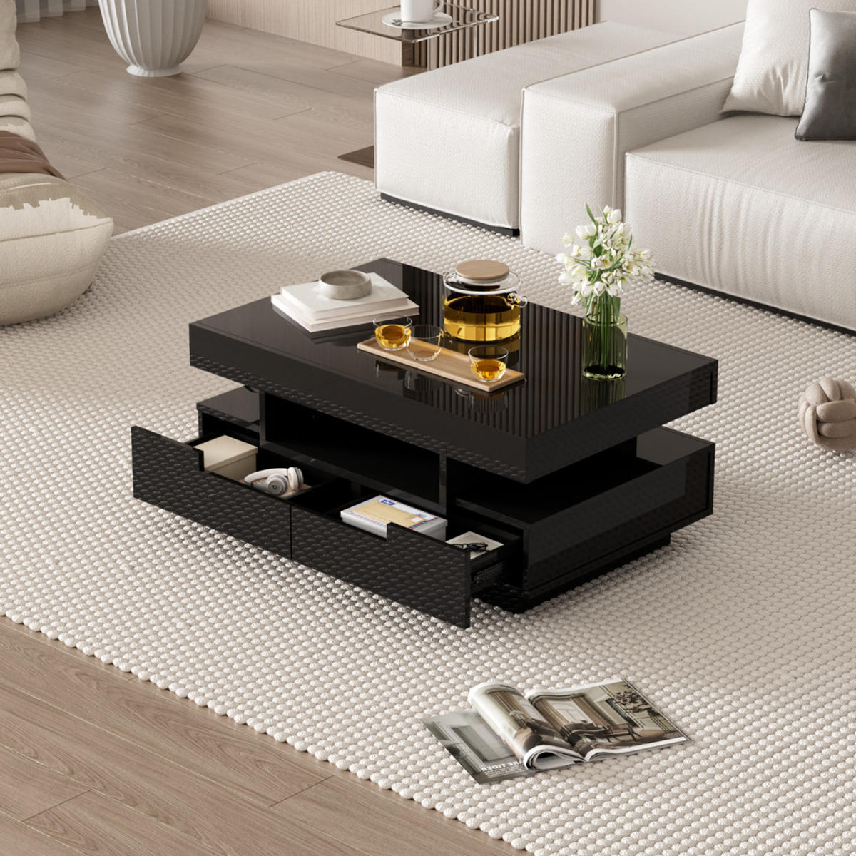 COUCHTISCH Hochglanz 4 Schubladen LED-Lichtleiste Schwarz - Schwarz, Holz (93/59/18cm) - FLIEKS