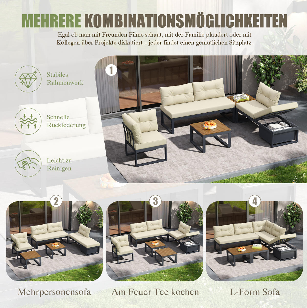 GARTENMÖBEL-SET 191,5/191,5/79 cm mit 3-fach verstellbarer Liegefunktion und Stauraum, Polyester, Beige - Beige, Textil - Redom