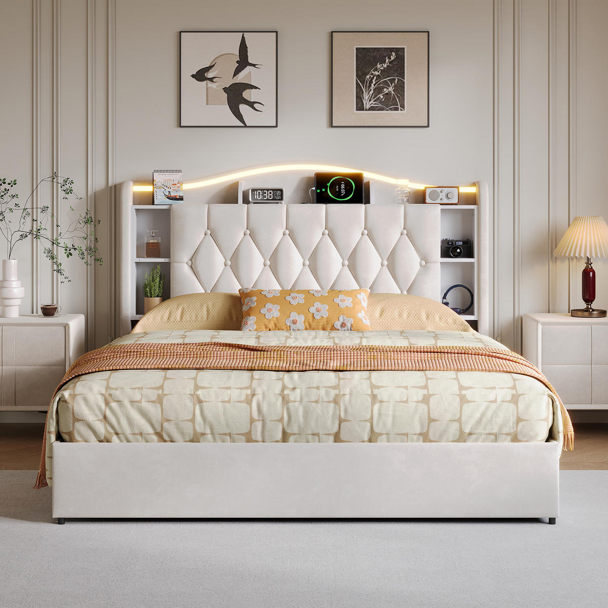 POLSTERBETT 140x200 cm mit Bettkasten, LED & USB, Doppelbett mit Kopfteil Stauraum und kabellosem Laden, Beige - Beige, Metall (140/200cm) - EuroLiving