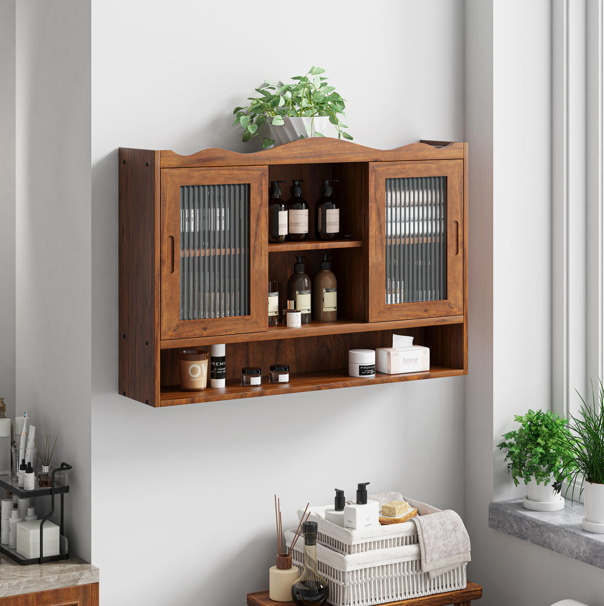 KÜCHENOBERSCHRANK 90x20x60 cm Braun aus Massivholz & Glas mit 2 Schiebetüren - Braun, Holz (90/60/20cm) - Modfu