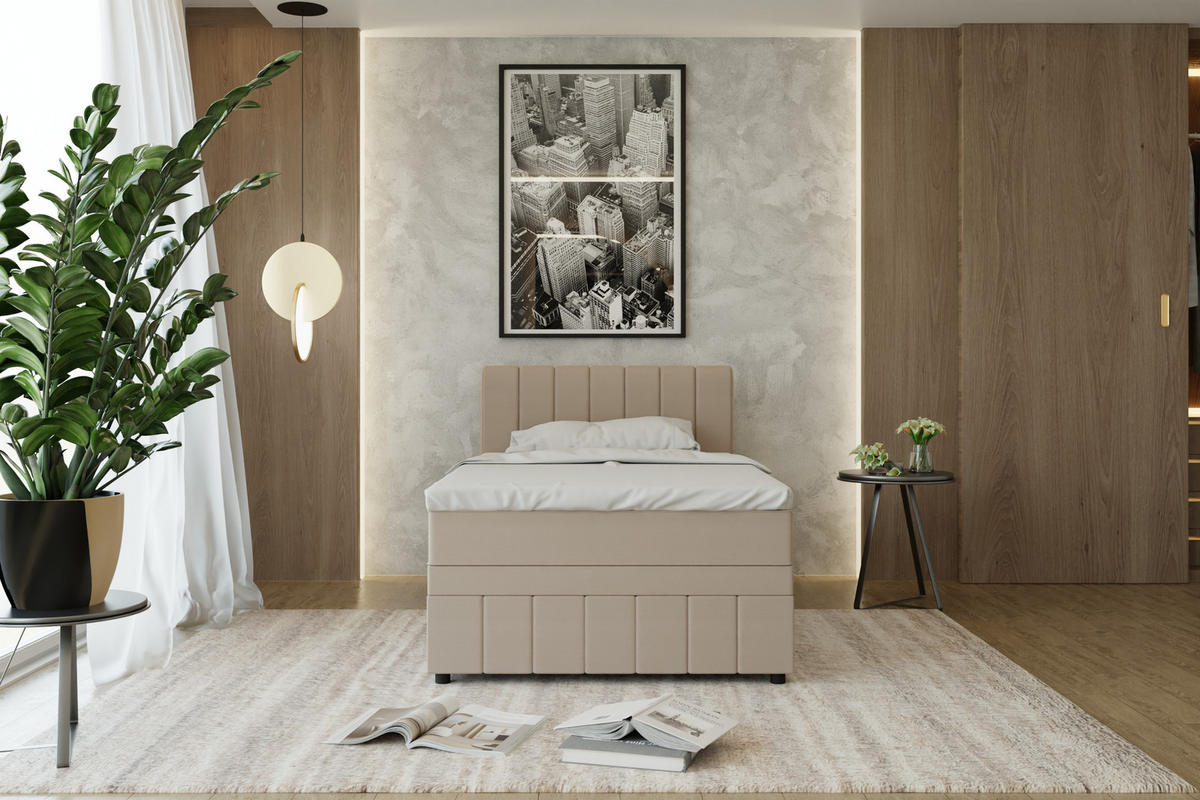 BOXBETT AVALON 120 x 200 cm mit Bettkasten und Topper - Beige - Beige, Holz - Panda Möbel
