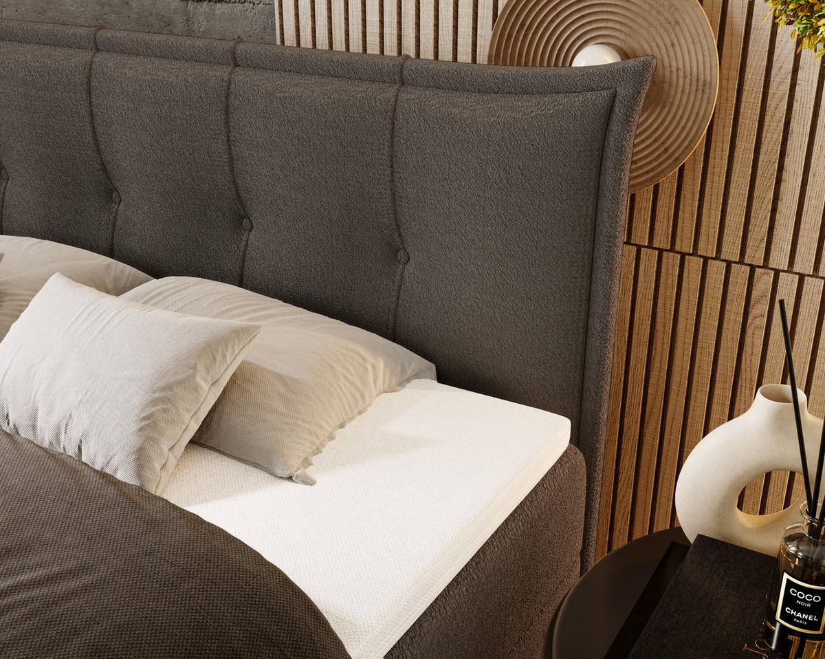 BOXSPRINGBETT Boucle 160x200 Liron mit Kissen-Kopfteil und Matratze, Dunkelgrau - Dunkelgrau, Holz/Textil (160/200cm) - Emporius