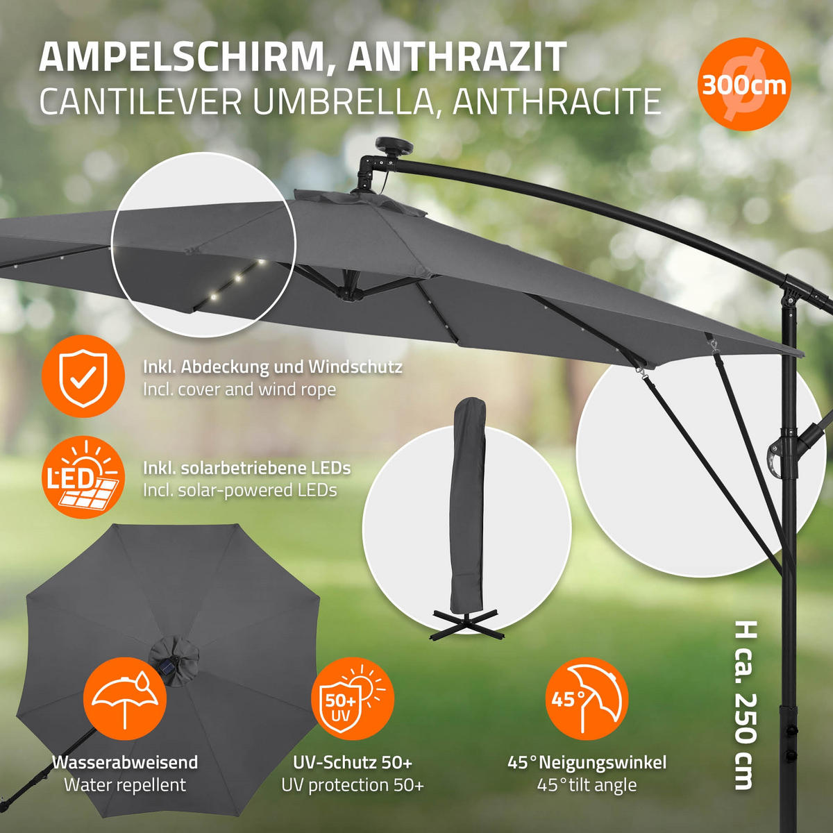 AMPELSCHIRM Ø 300 cm in Anthrazit aus Aluminium mit LED-Solar - Anthrazit, Metall (300/300cm) - ML-DESIGN