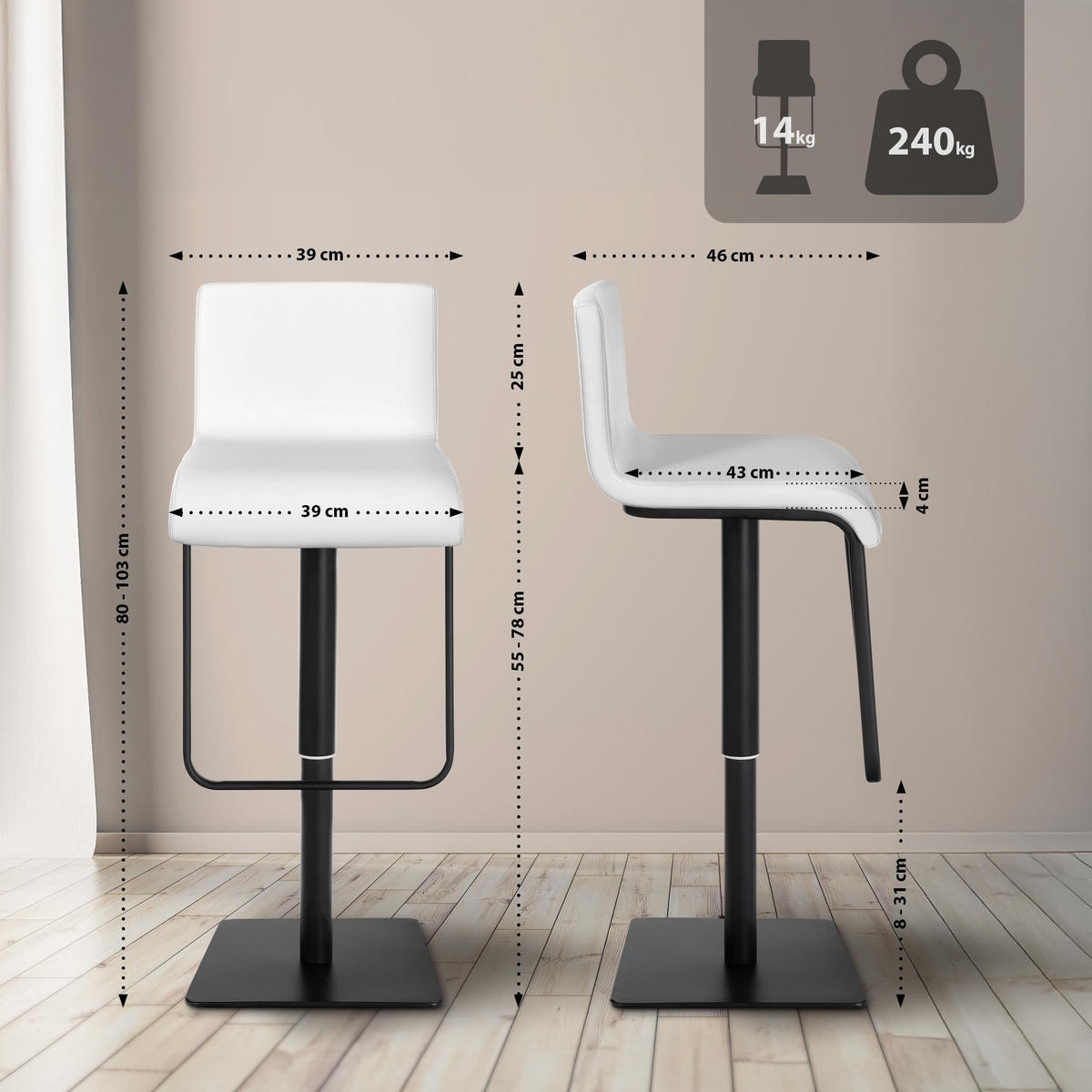 BARHOCKER 2er Set Lederlook Weiß - Schwarz/Weiß, Textil/Metall (39/80/46cm) - CLP