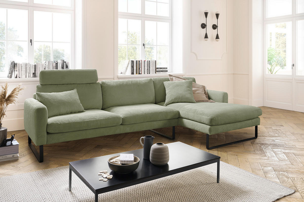 ECKSOFA RICARDA Dunkelgrün Cord - Dunkelgrün/Schwarz, Textil/Metall (298/154cm) - KAWOLA