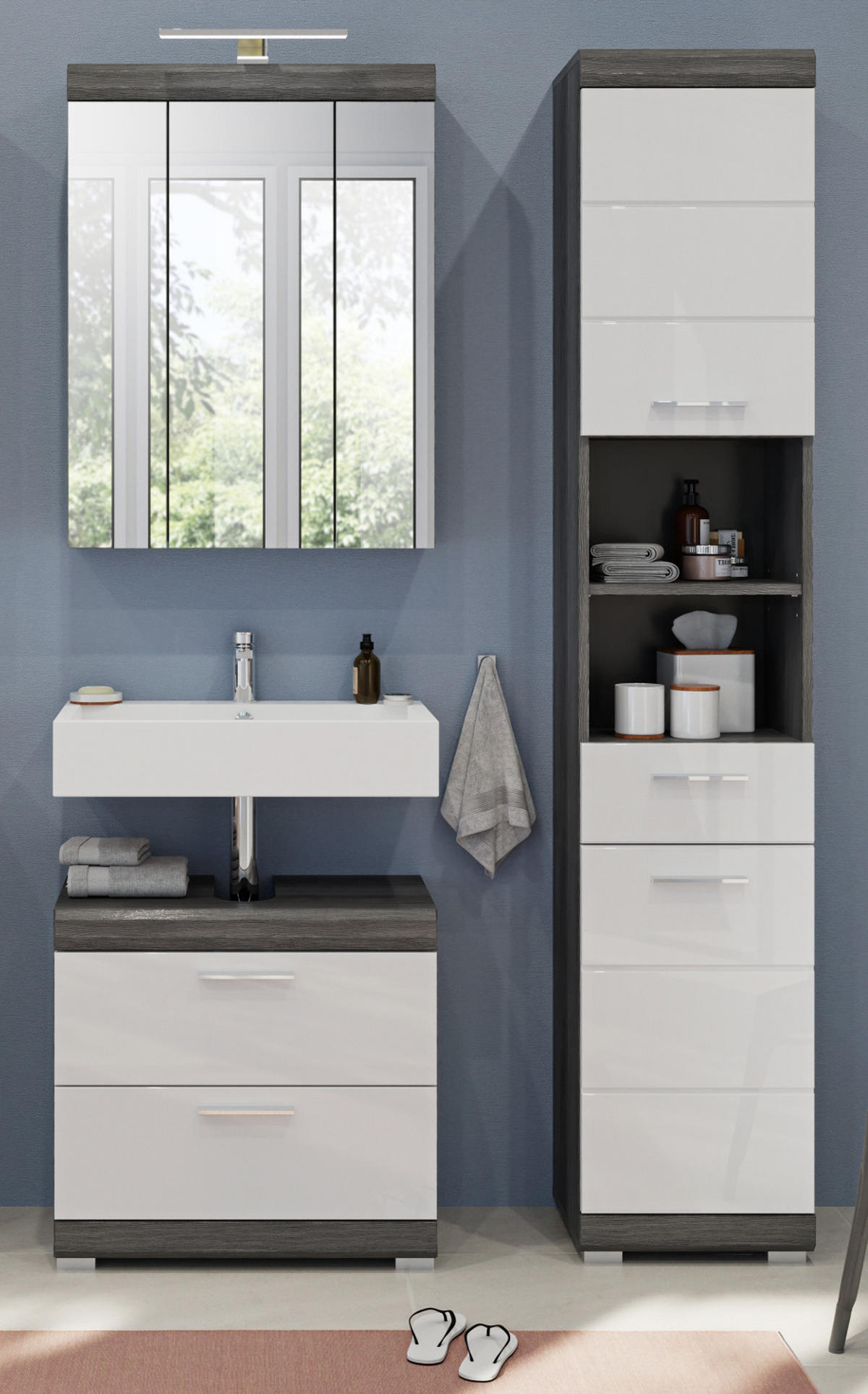 BADMÖBEL-SET weiß Hochglanz, grau 3-teilig 112 cm, Komplettset mit 15 Fächern - Weiß Hochglanz/Grau, Holzwerkstoff (112/191/34cm) - Inn.Furn