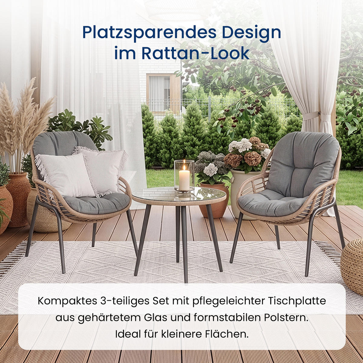 GARTENMÖBEL-SET mit 1 Beistelltisch und 2 Esszimmerstühlen. schwarz. grau und Eiche natur - Schwarz/Naturfarben, Metall - Home Collective