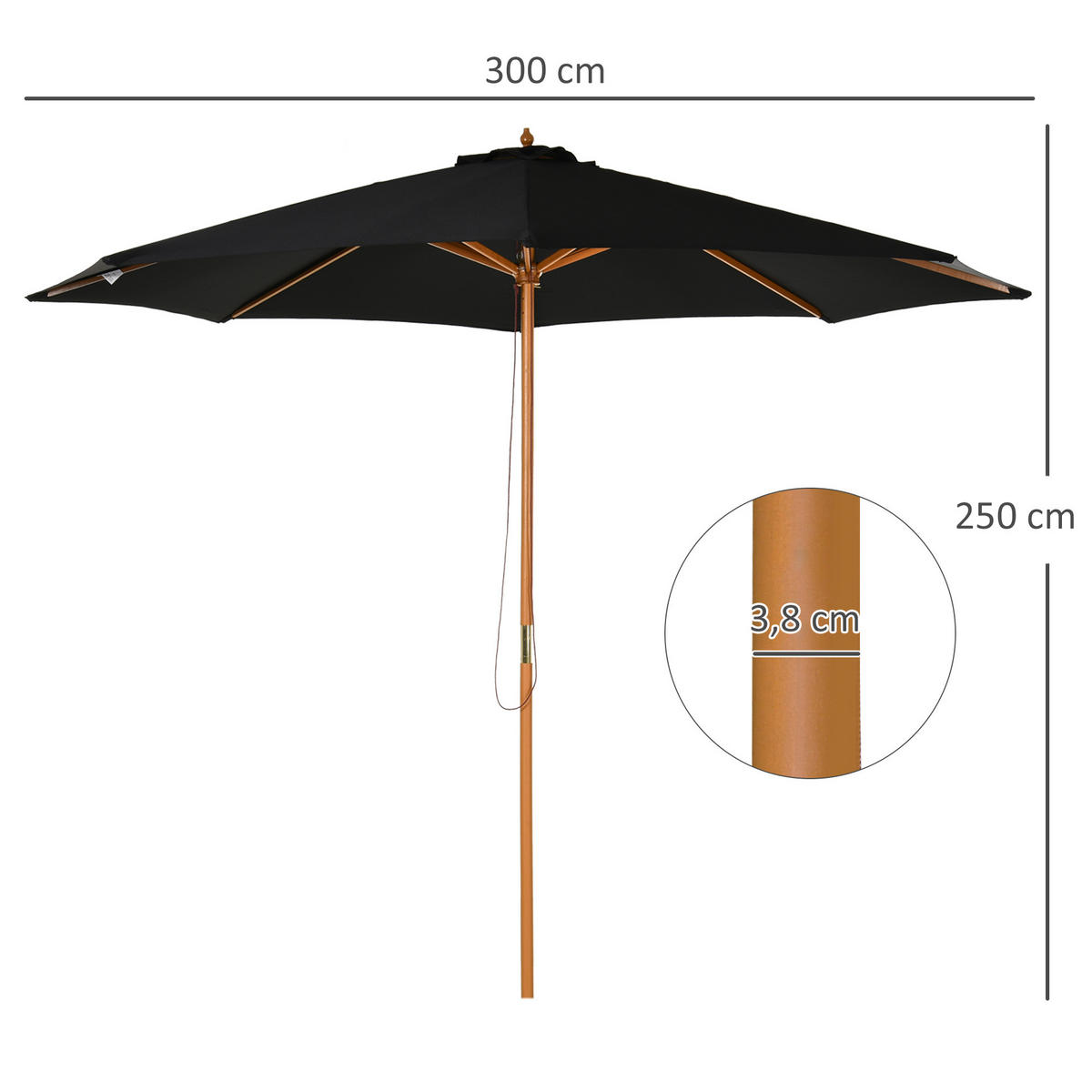 SONNENSCHIRM DE-05592 Aus Holz, Seilzug Schwarz - Schwarz, Holz (300/300cm) - ComfortXL