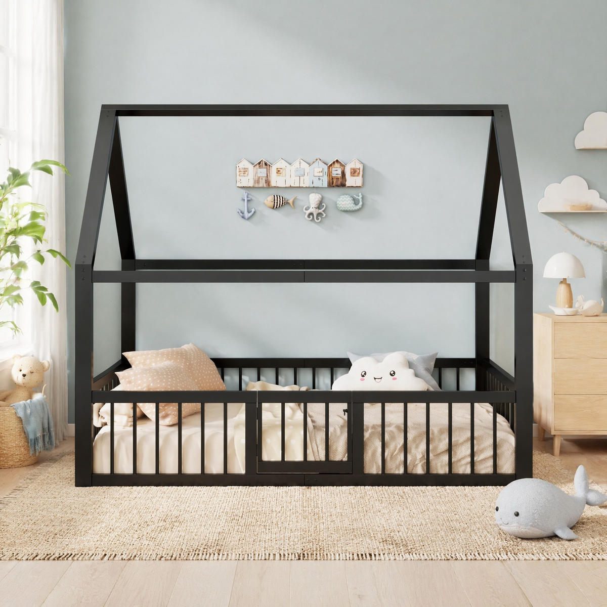 KINDERBETT 140/200 mit Hauszierleisten und Sicherheitsgeländer in Schwarz - Schwarz, Metall (140/200cm) - EVRYAE