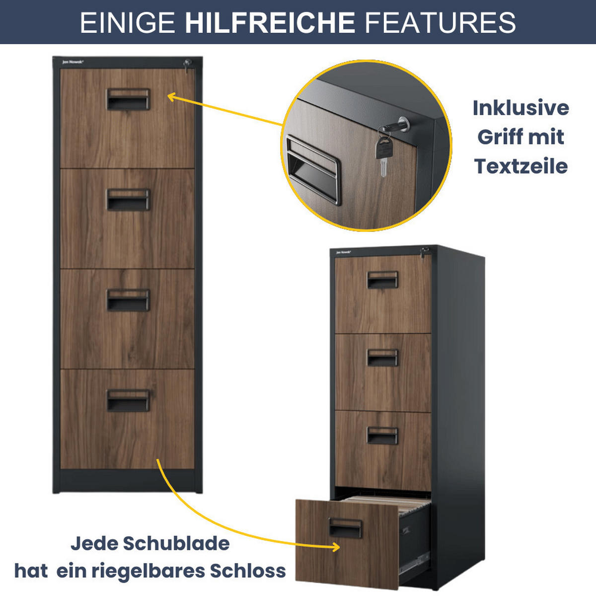 HÄNGEREGISTERSCHRANK abschließbar TION 4 Schubladen 132x46x62cm Anthrazit-Nussbaum - Anthrazit, Metall (46/132/62cm) - DELUKE