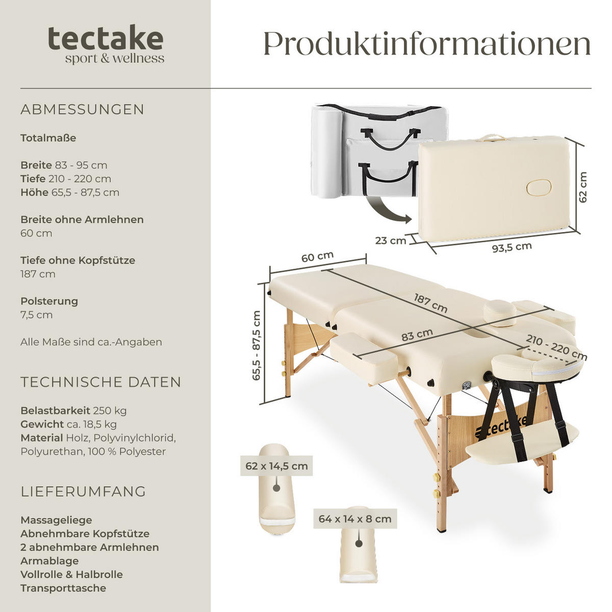 MASSAGELIEGE 2 Zonen, 220 x 83 x 87,5 cm,beige - Beige, Holz (59/65.5/187cm) - tectake