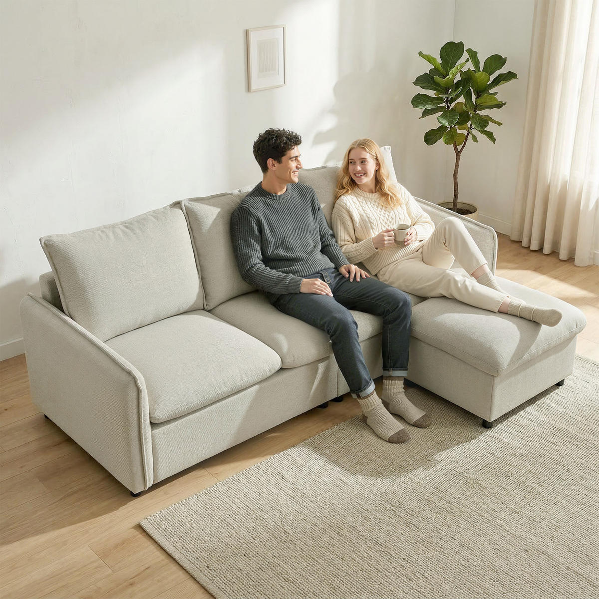 ECKSOFA Cremeweiß 212 cm mit Stauraum-Hocker - Creme, Textil (212/125cm) - PANGIVO