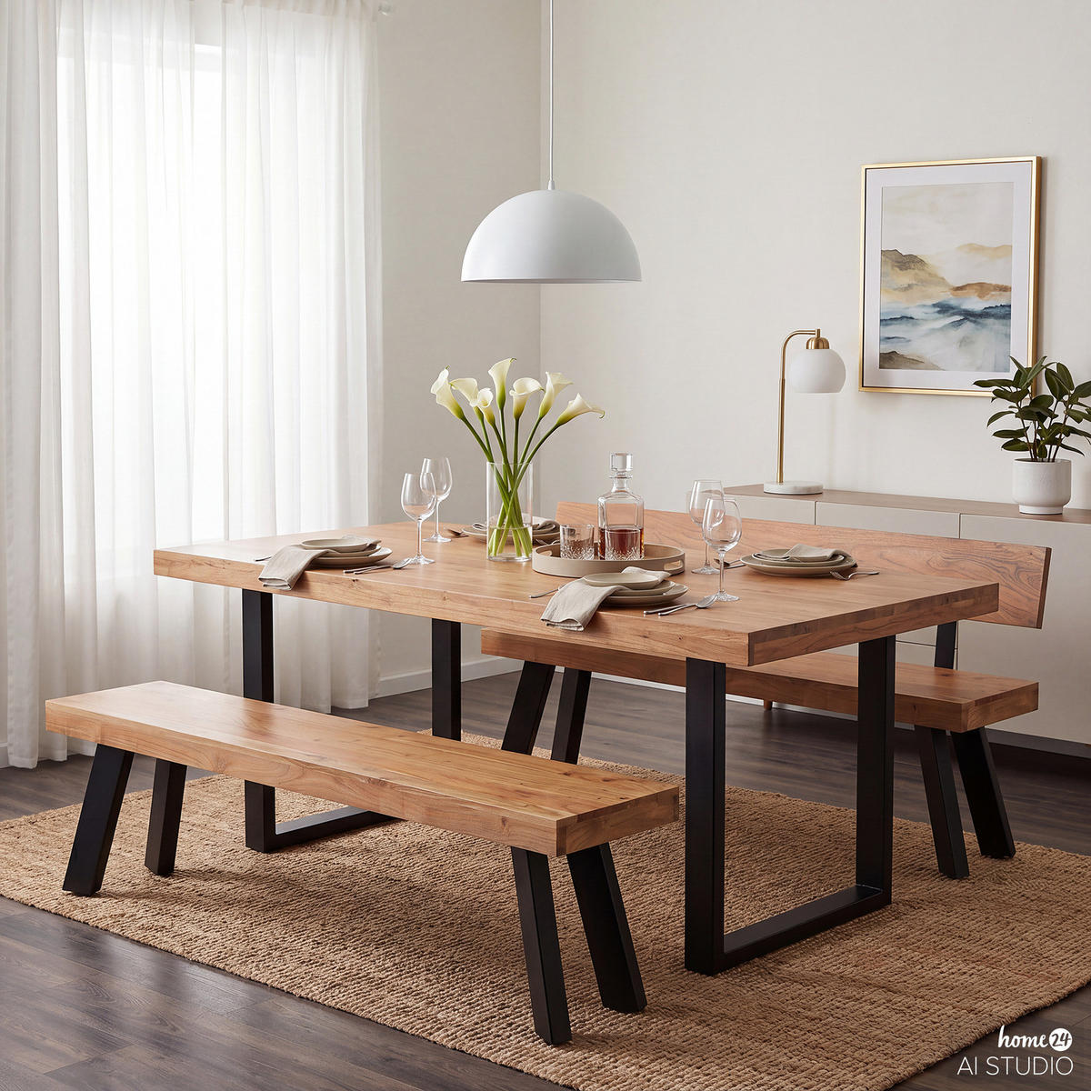 SITZBANK - Akazie massiv / Eisen - Akaziefarben, Holz/Metall (160/80/38cm) - home24