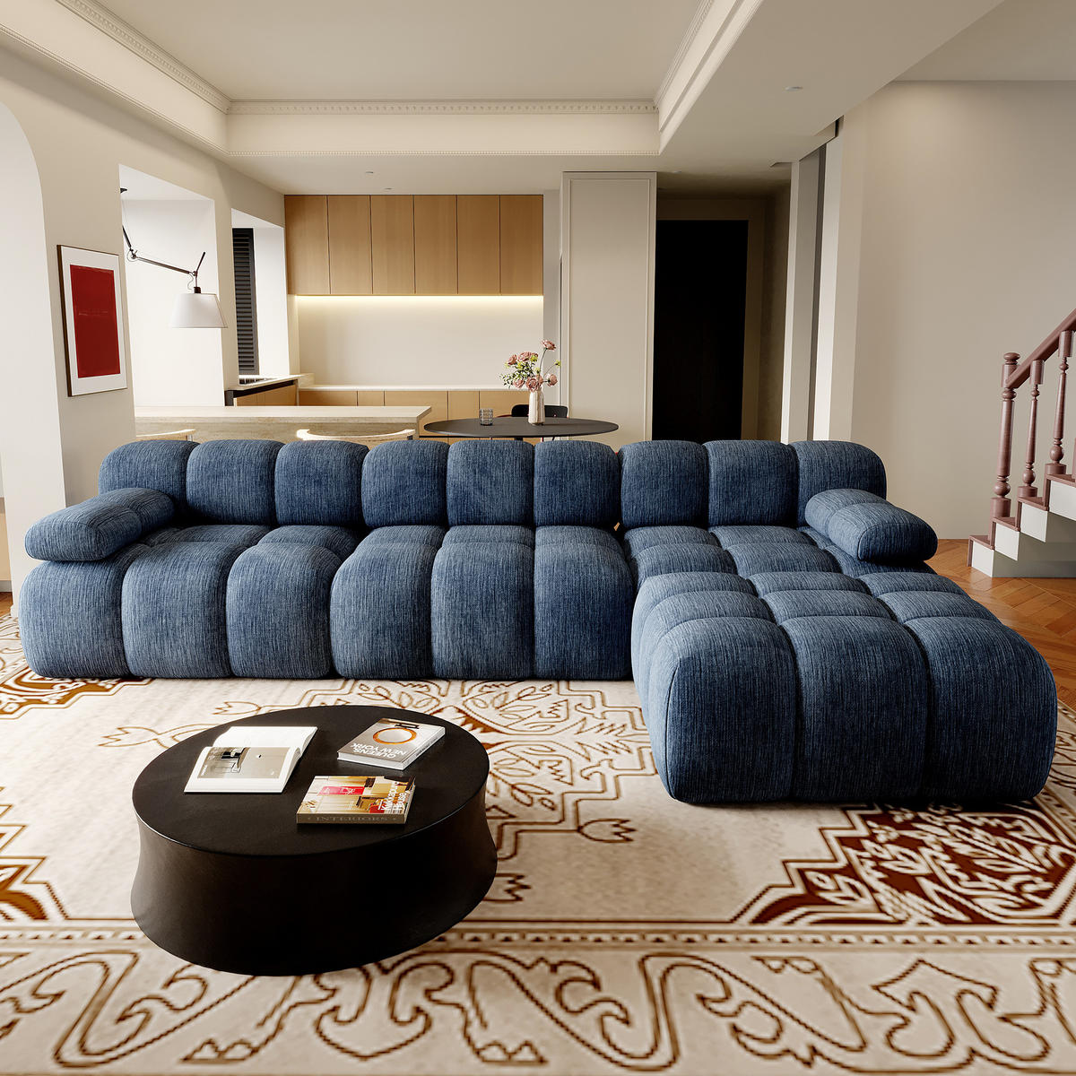 ECKSOFA 300/200/68 cm Blau Stoff mit 1 Fußhocker - Blau, Textil (200/300cm) - Oxeza