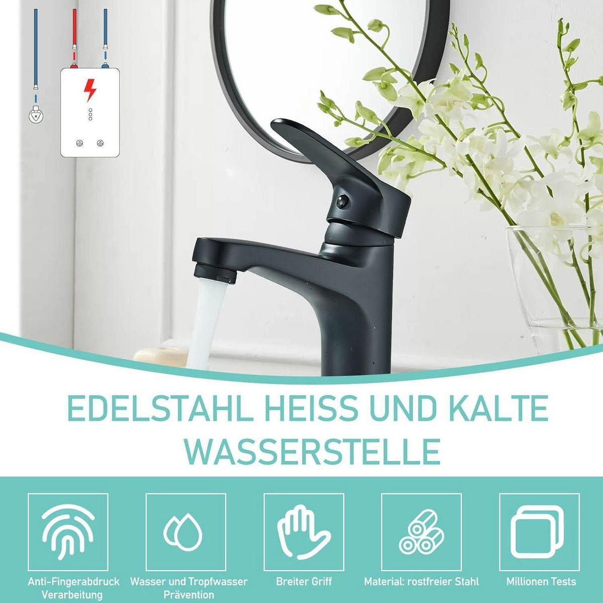 WASCHTISCHARMATUR Niederdruck Schwarz Messing mit Wassersparfunktion - Schwarz, Metall (19/7/25cm)