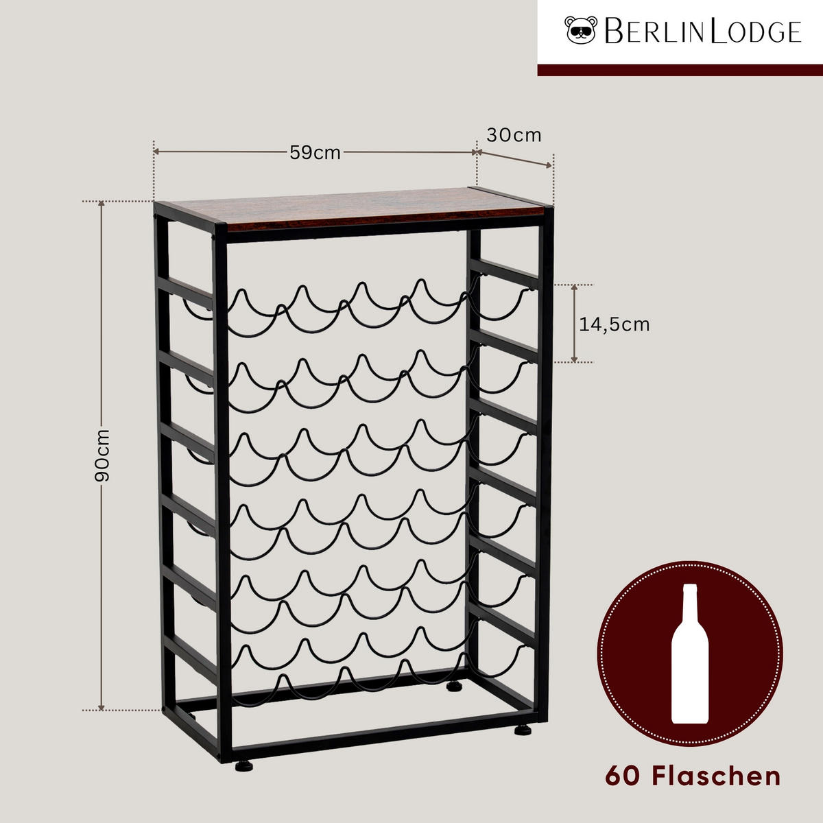WEINREGAL Bordeaux 88x59x30cm 30 Flaschen auf 6 Ebenen + Ablage Schwarz/Vintage Braun - Schwarz, Metall (59/88/30cm) - BERLINLODGE