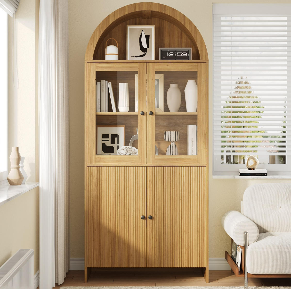 VITRINENSCHRANK 78/40/176 cm mit Glastüren, gewölbtem Design und Wellenfront aus Spanplatte, Natur - Naturfarben, Holzwerkstoff (78/176/40cm) - Redom