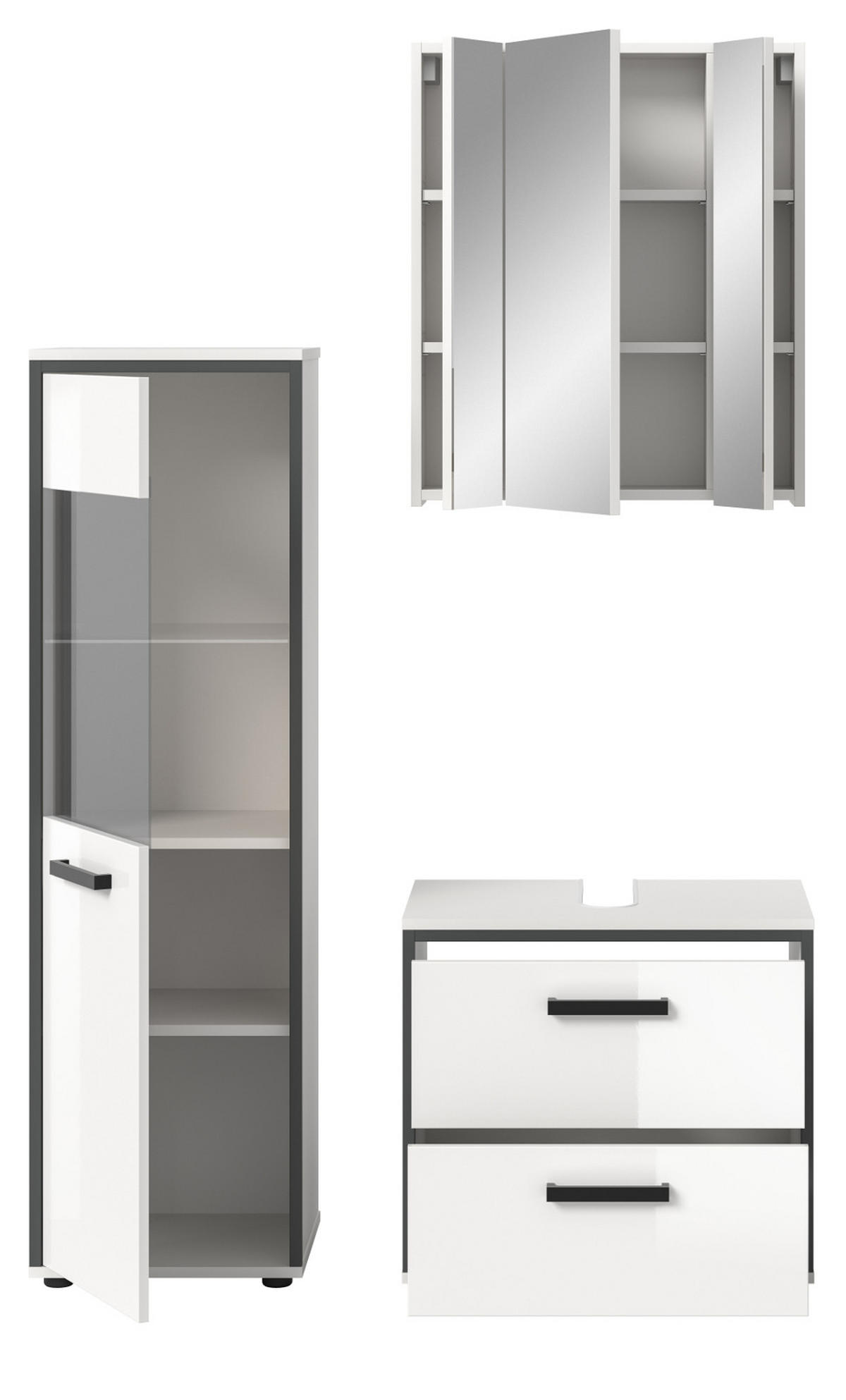 BADMÖBEL-SET 3-teilig weiß Hochglanz, grau, Badkombination 115 x 190 cm - Weiß Hochglanz/Schwarz, Glas/Holzwerkstoff (115/190/37.5cm) - Inn.Furn