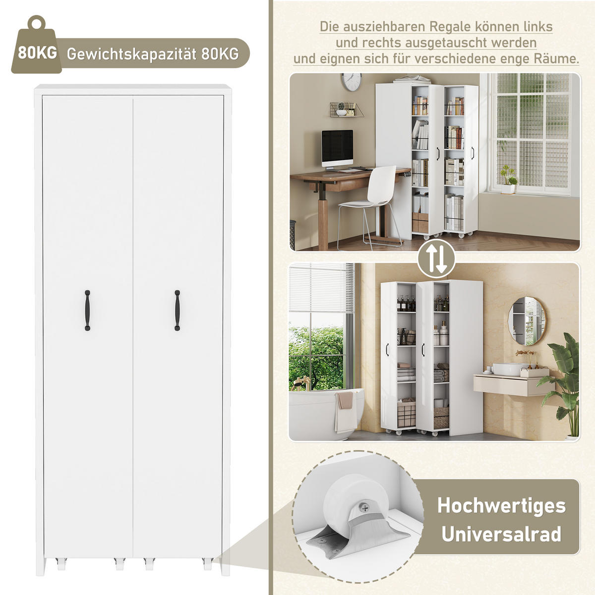 BÜCHERREGAL erweiterbar 4 Ebenen Rollen MDF weiß modern - Weiß, Holzwerkstoff (41/158/51.5cm) - FLIEKS