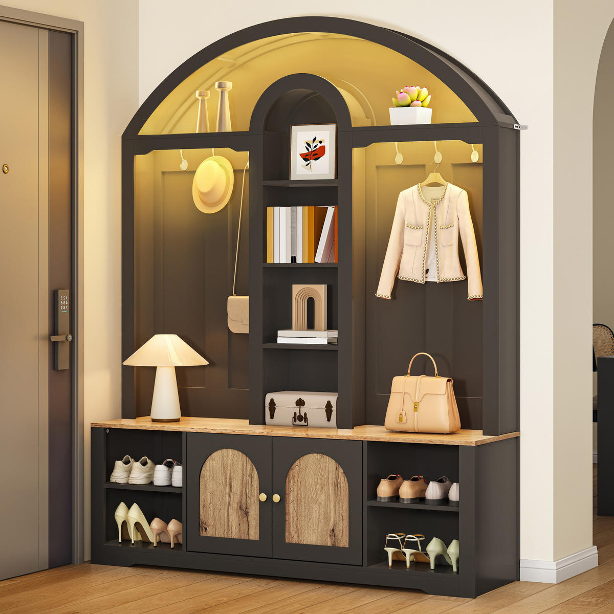 GARDEROBE Flur geschwungenes Design offene Regale LED Hakenleiste multifunktionaler Stauraum - Schwarz, Holzwerkstoff/Metall (150/195/40cm) - EVRYAE