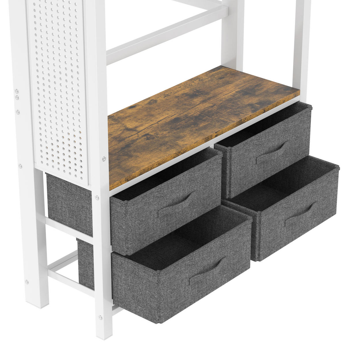 HOCHBETT aus Metall und MDF 90x200 cm Weiß mit LED, USB-C, Steckdose, Lochbrett, Hängestange und 4 Schubladen - Weiß, Metall (90/200cm) - Modfu