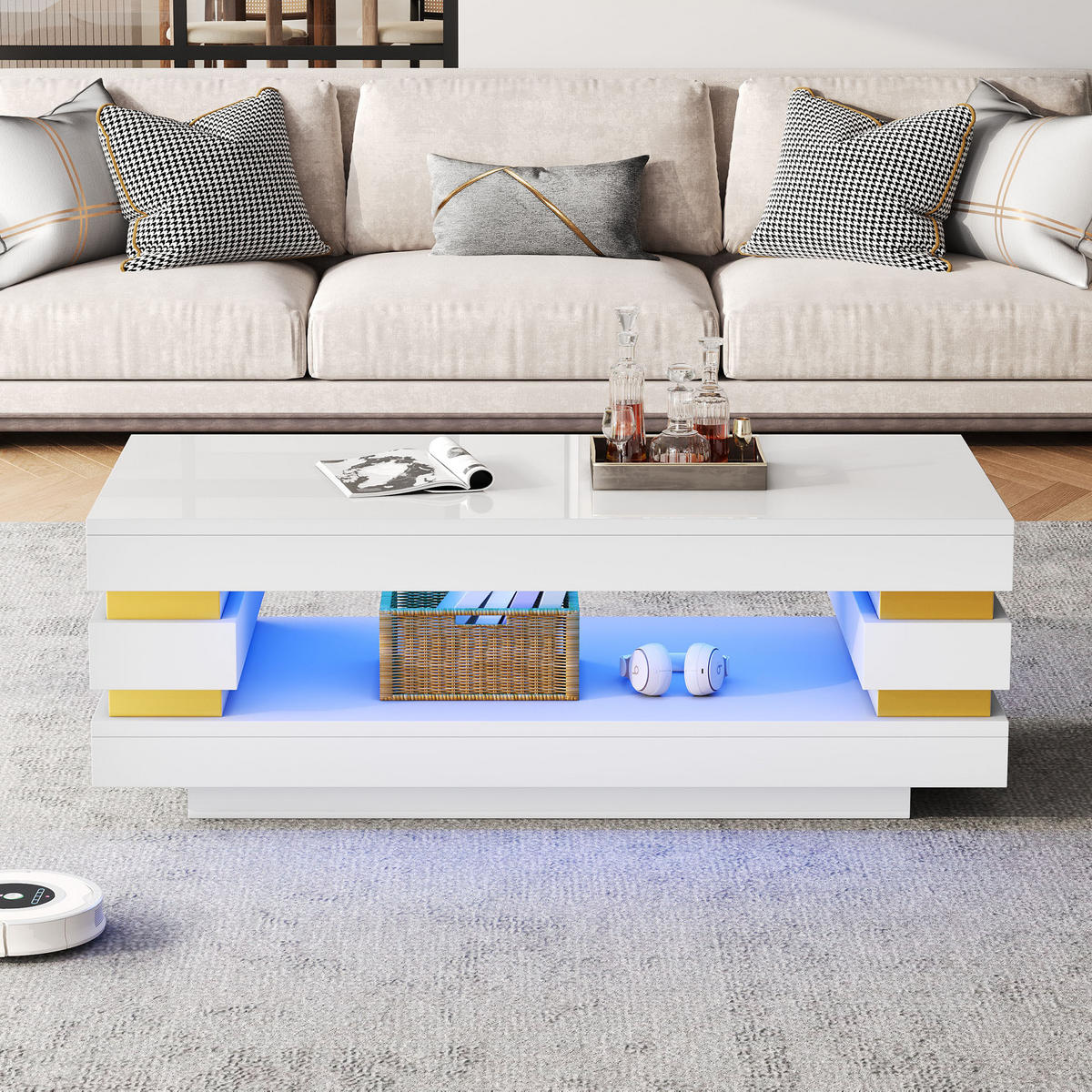COUCHTISCH LED Weiß 100x50x35cm Stauraum Hochglanz Spanplatte - Weiß, Holzwerkstoff (100/50/35cm) - FLIEKS