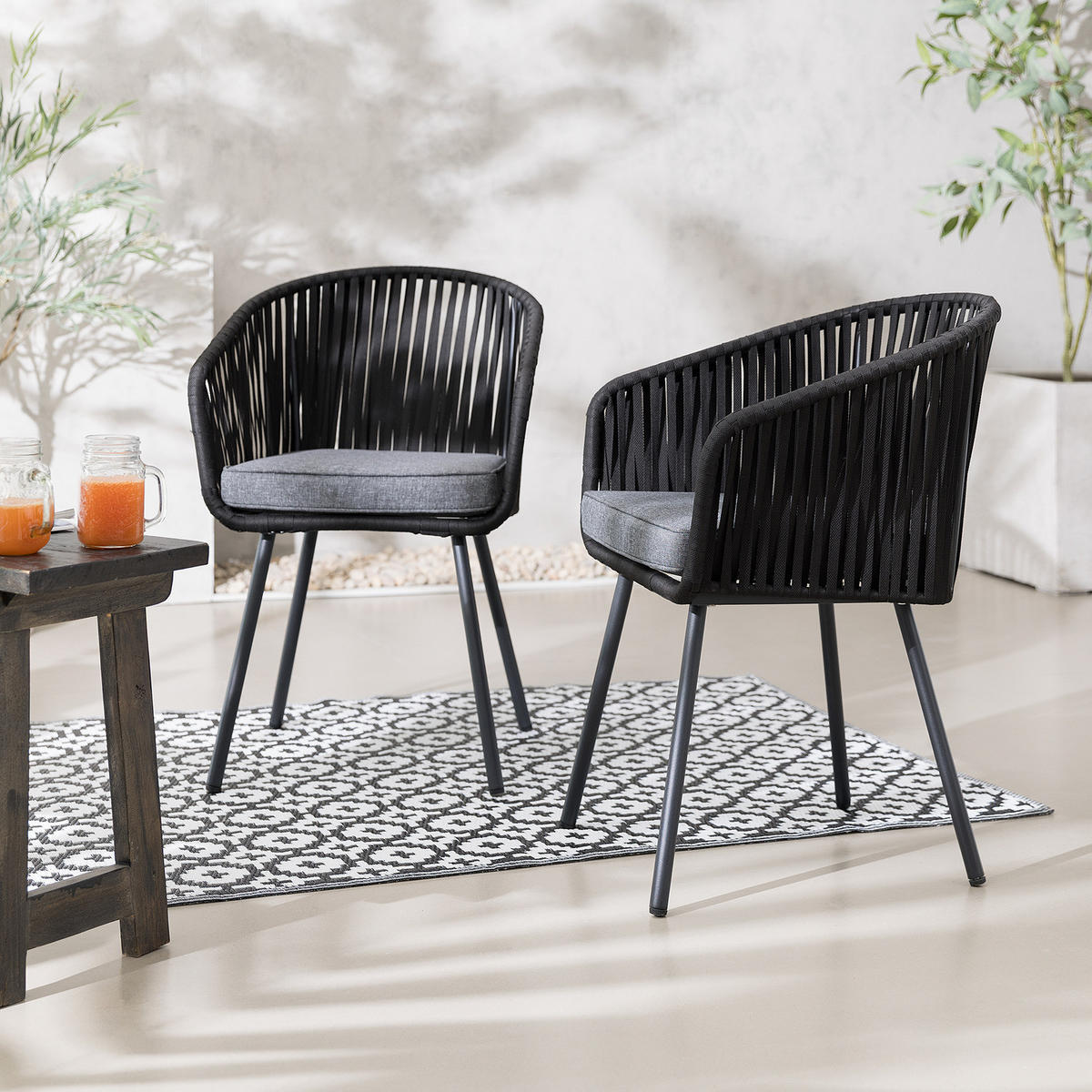 GARTENSTUHL - Stahl / Polyester - 2er-Set - Schwarz, Textil/Metall (56/79/62cm) - home24