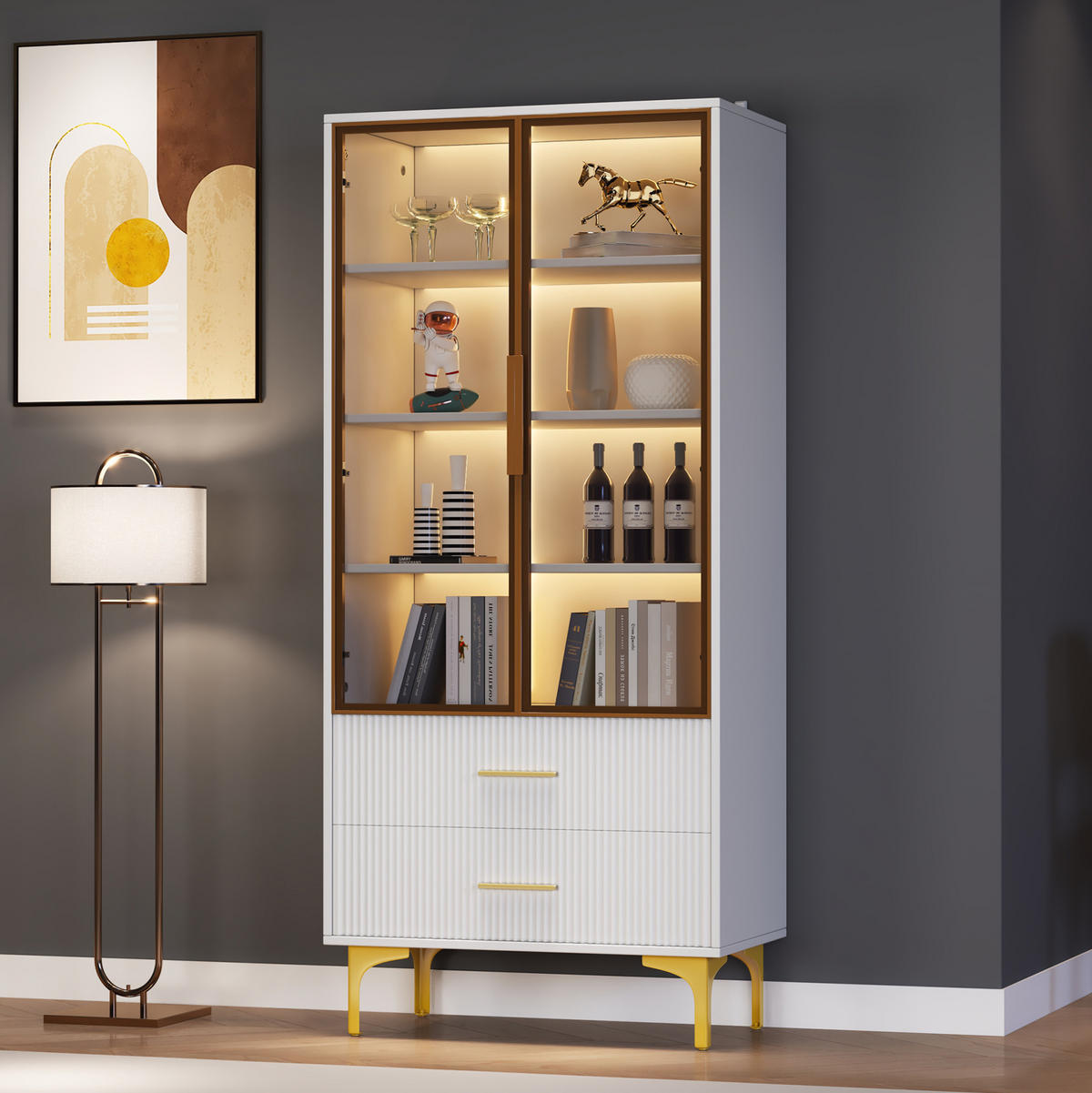 HOCHSCHRANK aus Spanplatte 70x35x150cm in Weiß mit LED - Weiß, Holzwerkstoff (70/150/35cm) - Modfu
