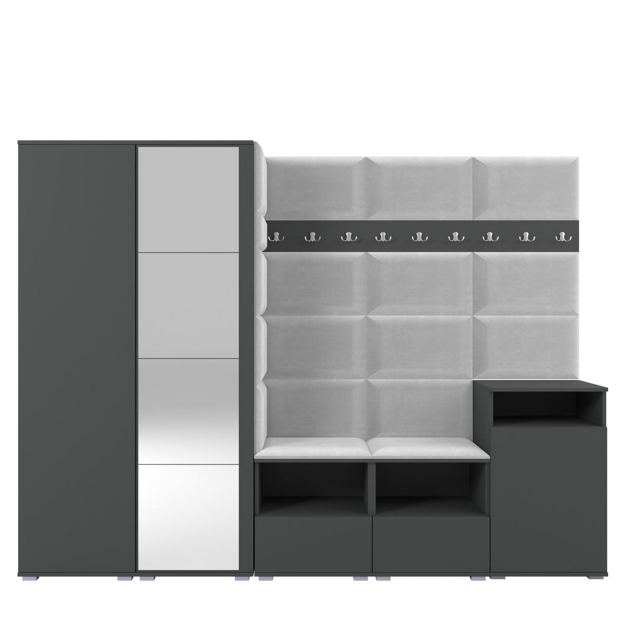 GARDEROBE NELA VIII 250 cm (Modulare Flurmöbel Graphit mit Spiegel & Sitzpolster Hellgrau 32 Set XL) - Silberfarben/Hellgrau, Holz/Holzwerkstoff (250/187/40cm) - Ravio
