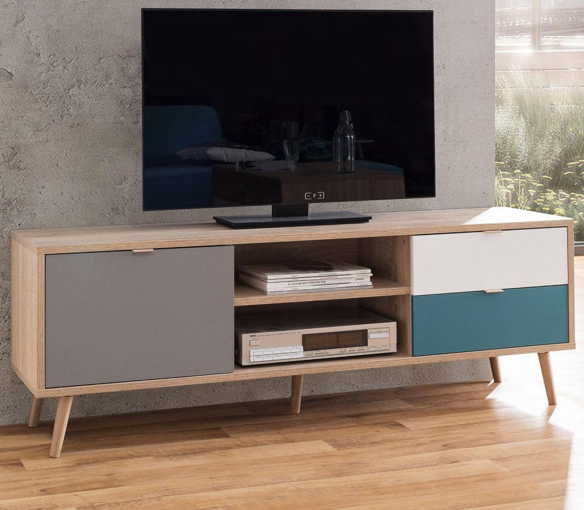 TV-LOWBOARD Eiche Sonoma, Petrol, weiß und grau, Fernsehtisch Tricolor skandinavisch - Eichefarben/Petrol, Holz/Holzwerkstoff (150/52/40cm) - Furn.Design