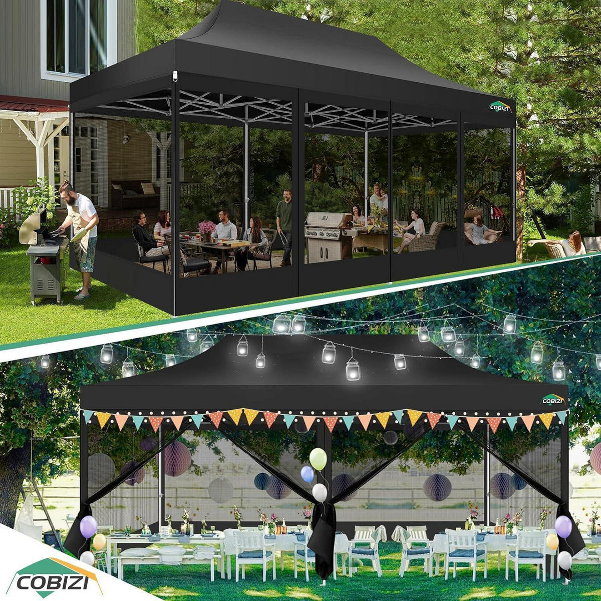 FALTPAVILLON 3x6 m mit Netzseitenwänden Schwarz - Schwarz, Textil (300/355/600cm)