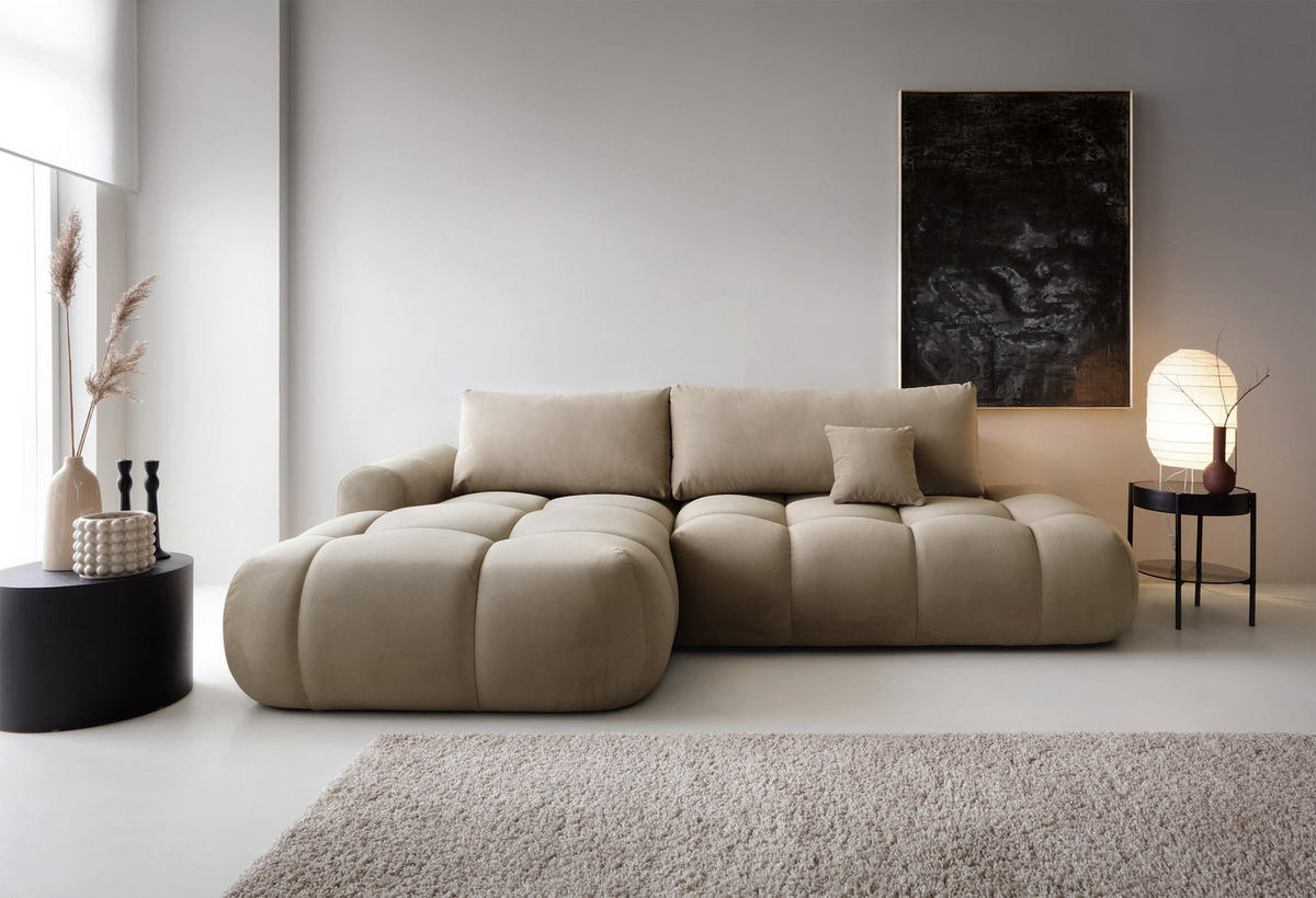 ECKSOFA Ombo Beige Velours 280 cm - Beige/Schwarz, Kunststoff/Textil (284/167cm) - Selsey