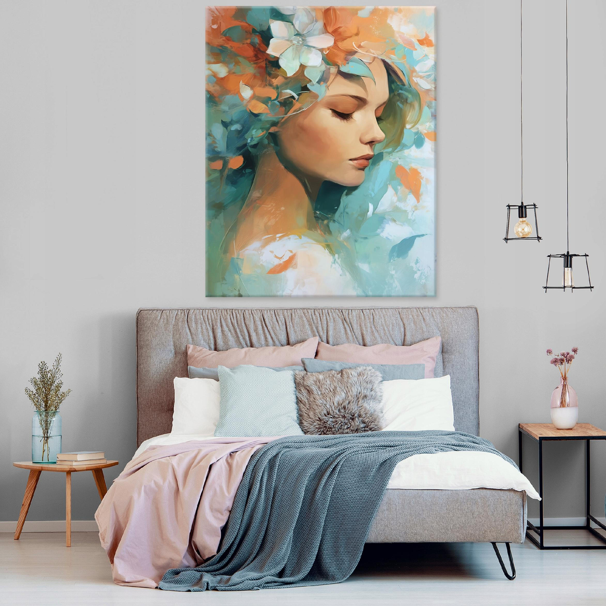 LEINWANDBILD Frau Blumen Grün 70x100 cm - Multicolor, Holzwerkstoff (70/100cm) - Wallarena