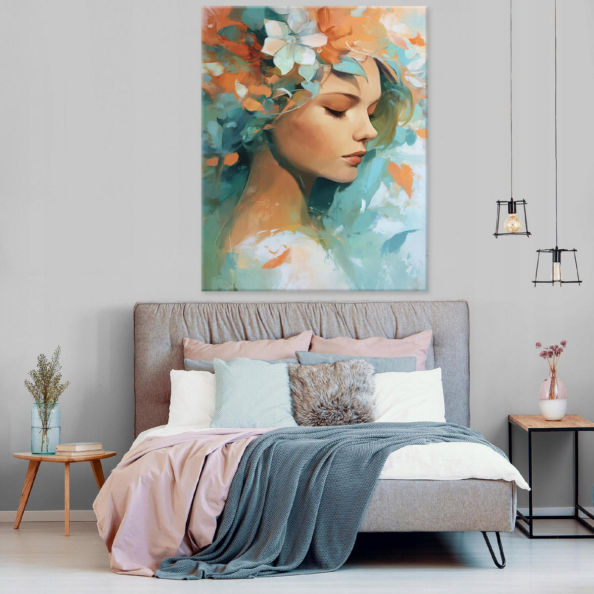 LEINWANDBILD Frau Blumen Grün 70x100 cm - Multicolor, Holzwerkstoff (70/100cm) - Wallarena