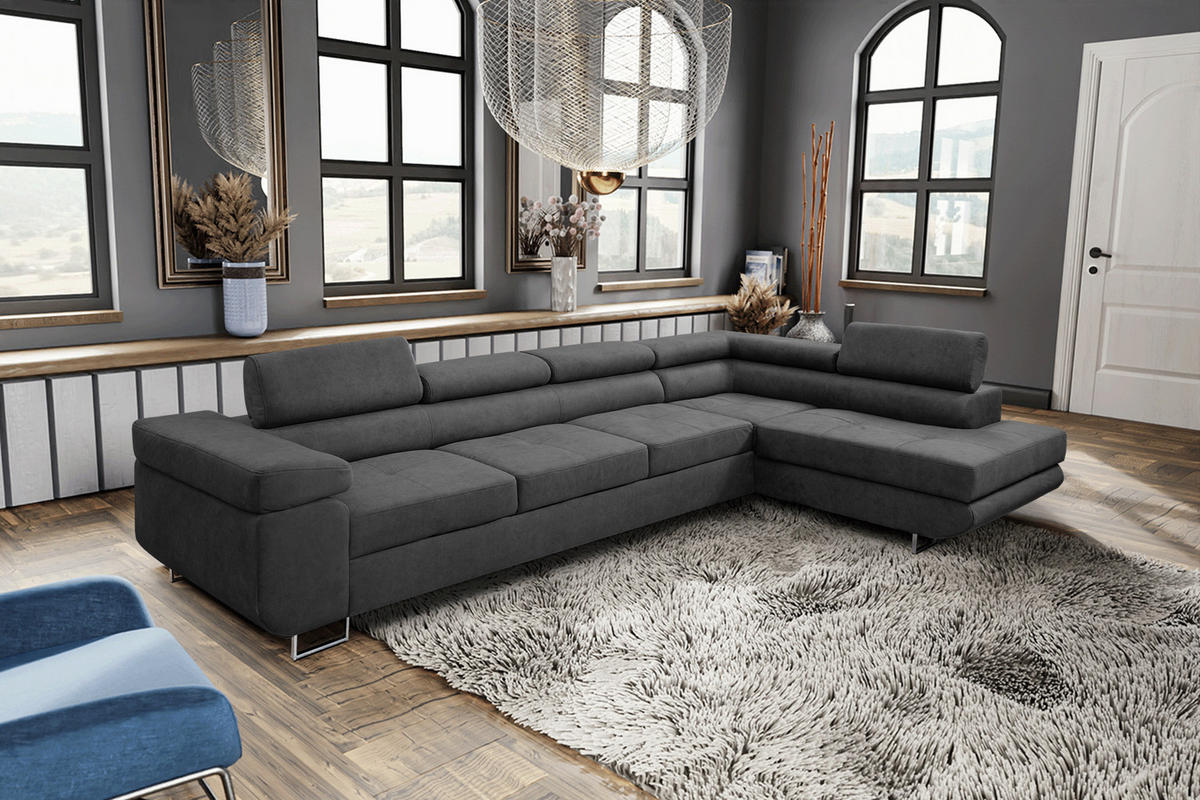 ECKSOFA Marlene IV L-Form mit verstellbaren Kopfstützen Schlaffunktion Bettkasten 347 cm rechts grau - Dunkelgrau, Kunststoff (202/347cm) - Margaret Hadas24