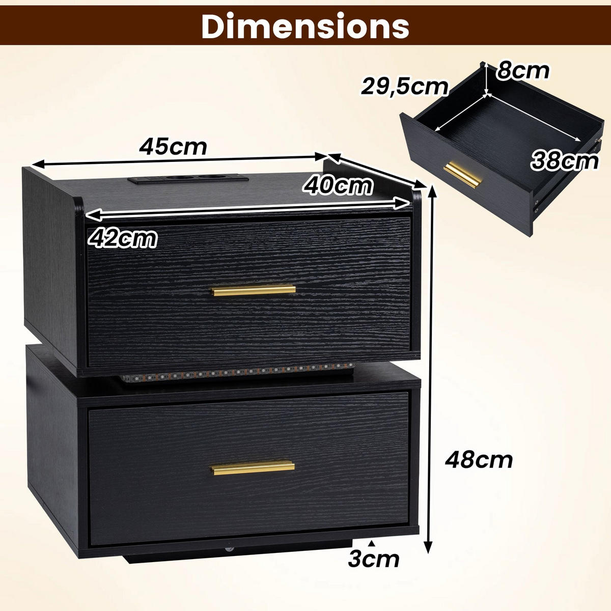 NACHTTISCH mit LED-Ladestation, 2 Schubladen, modern halb-schwebend, Schwarz - Schwarz, Holzwerkstoff/Metall (45/48/40cm) - DESIGN IN
