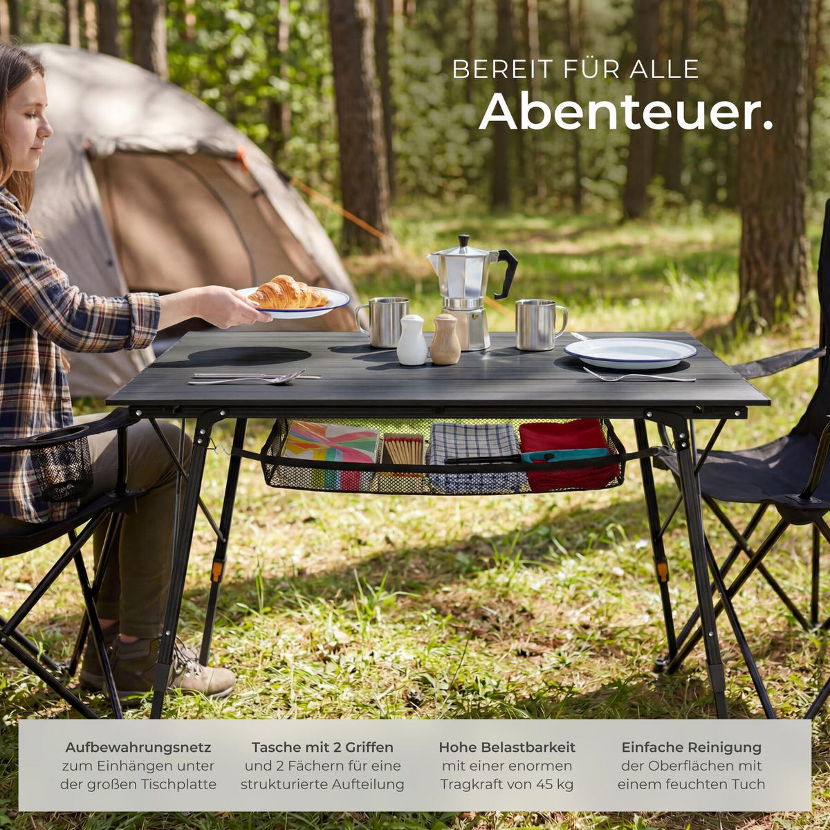 CAMPINGTISCH aus Aluminium Bastian, 120 x 70,5 x 58 – 79 cm, schwarz - Schwarz, Metall (120/70.5/79cm) - tectake