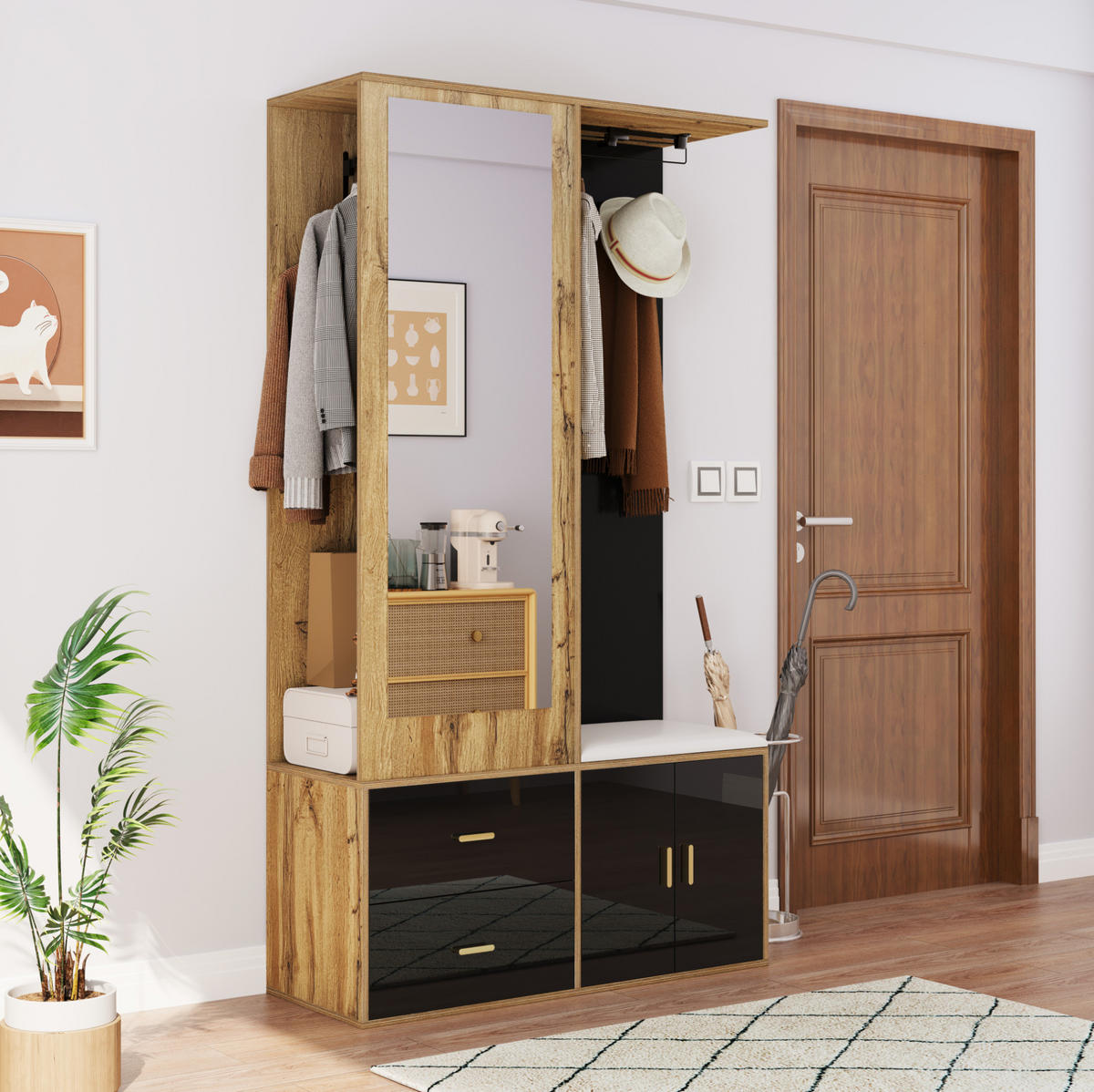 SCHUHSCHRANK 100/180/38 cm Schwarz/Natur aus Holzwerkstoff mit Spiegel und Sitzbank - Naturfarben, Holzwerkstoff (100/180/38cm) - OKMYHOME