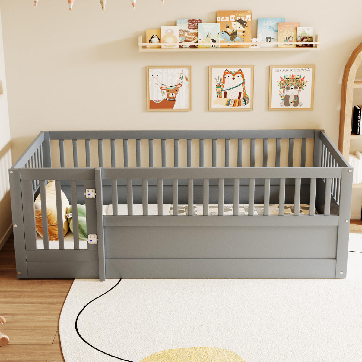 KINDEREINZELBETTEN aus Massivholz 90x200 cm in Grau mit Zaun & Tür - Grau, Holz (90/200cm) - Modfu