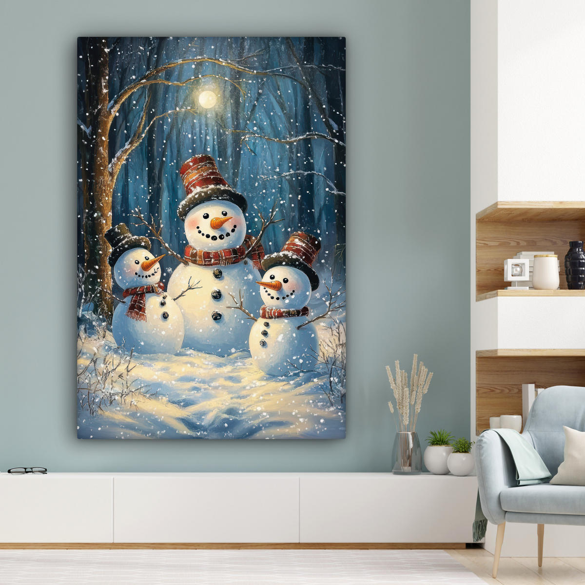 OBRAZ NA PLÁTNĚ Sněhulák - Sníh - Zima - Les 90x140 cm - světle modrá, textil (90/140cm) - MuchoWow