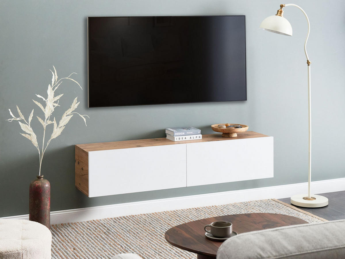 WANDMONTIERTER-TV-SCHRANK Weiß/Braun Gladstone - Weiß/Braun, Holzwerkstoff (140/30/32cm) - Beliani