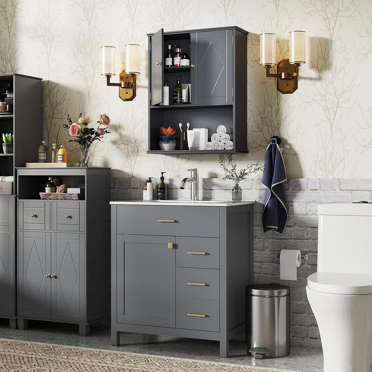 BAD-HÄNGESCHRANK mit 2 Türen grau - Grau, Holzwerkstoff (60/75/21cm) - COSTWAY