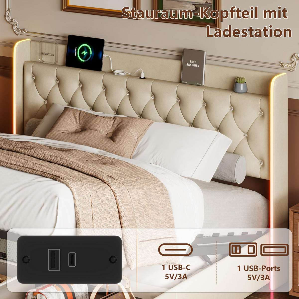 POLSTERBETT 160x200 cm in Beige mit LED-Beleuchtung und Stauraum aus Samt - Beige, Holz/Metall (160/200cm) - PARAFTA HOME